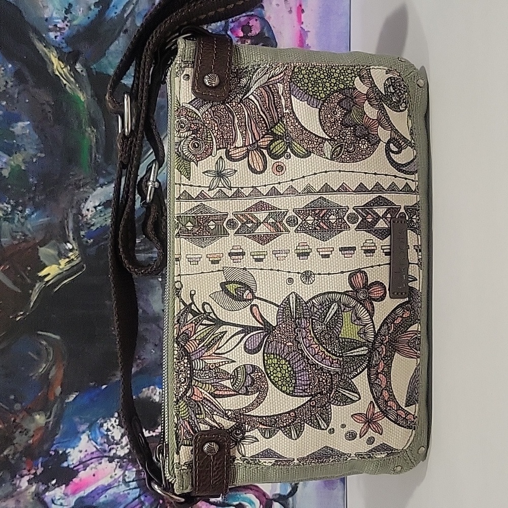 Sakroots Crossbody Fabric Leather Trim Owl Floral Print Multi Colors Compartment